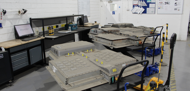 EV Battery packs in Cellcycle's Triage area