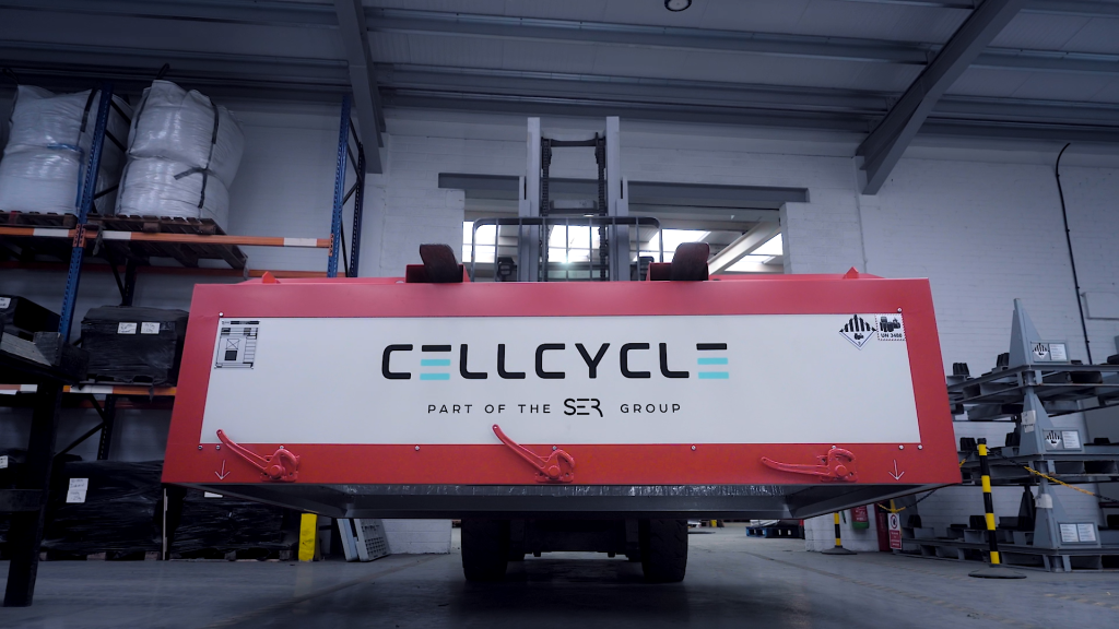 Battery container on a forklift