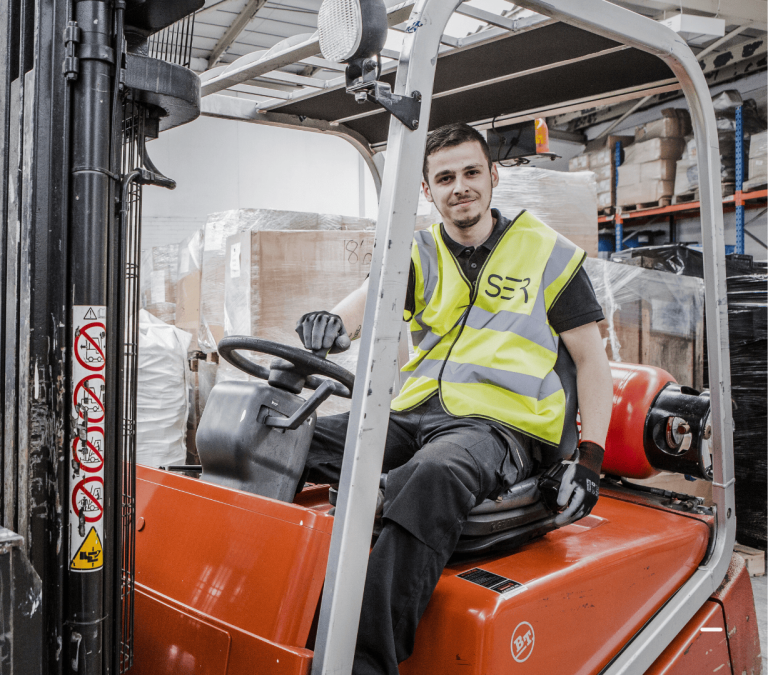 Cellcycle staff seat on the forklift for disposal lithium battery