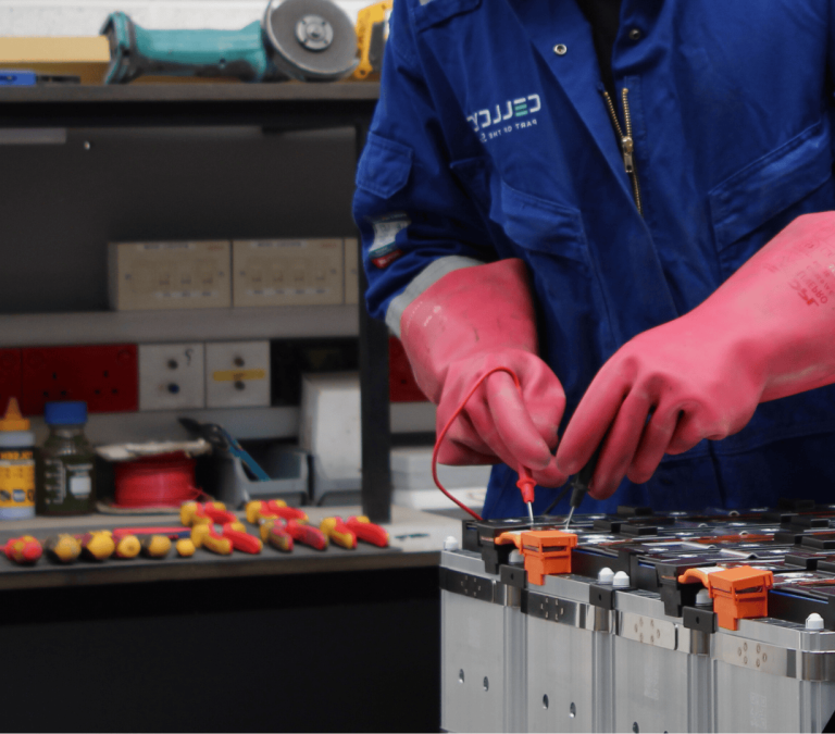 Cellcycle engineer working on disposing the lithium battery pack