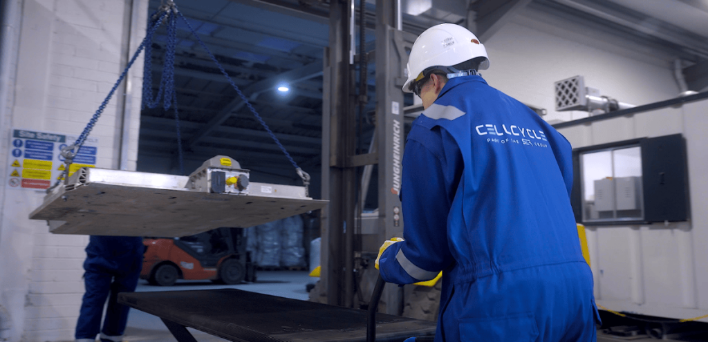 Cellcycle's high voltage battery engineer working on diposing lithium ion battery packs